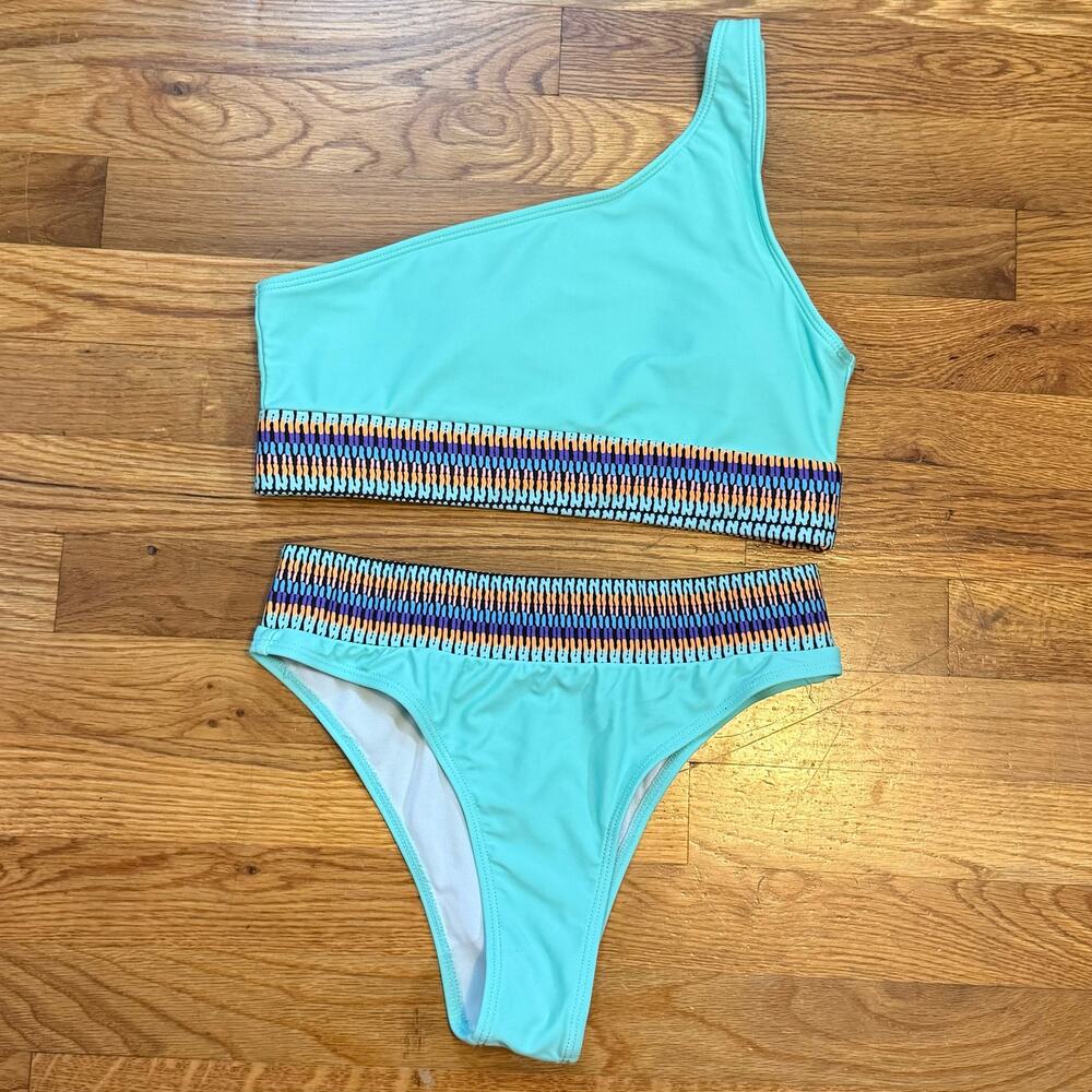 Women’s Medium Turquoise Green Purple One Shoulder 2-piece Bikini Swim Suit